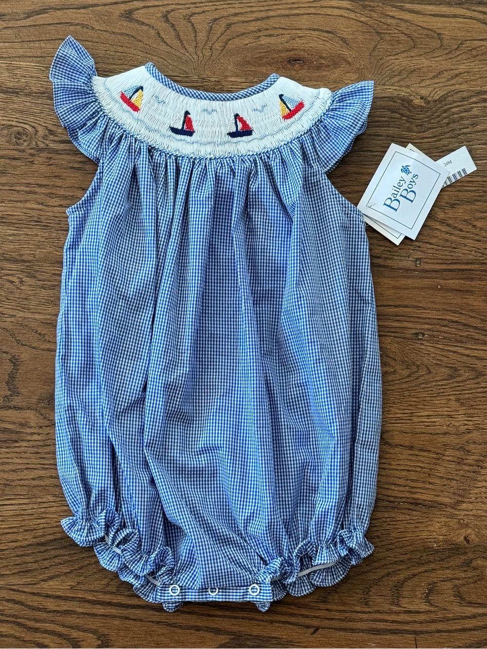 The Bailey Boys New With Tags Blue Gingham Smocked Sailboat Bubble Romper